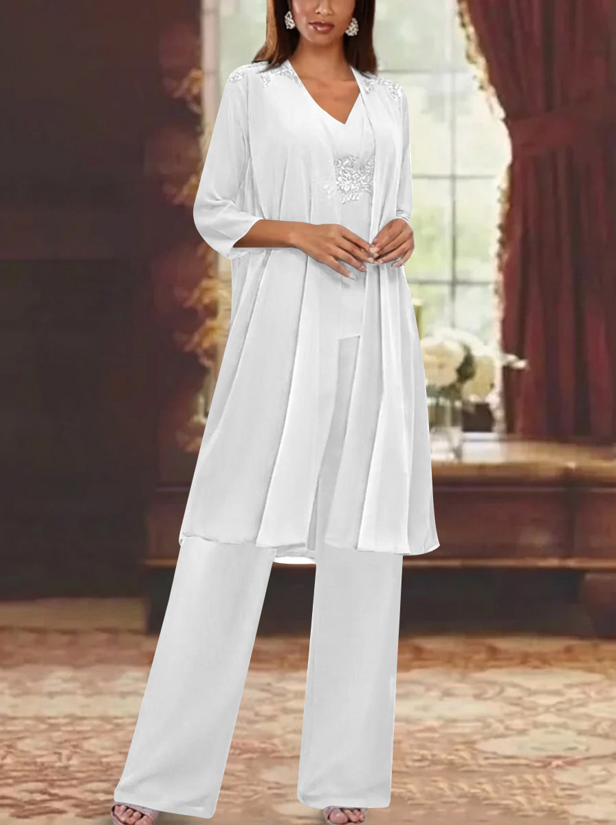 Chiffon V Neck 3 4 Sleeves Appliques Mother Of The Bride Pantsuits With Jacket Ankle Length