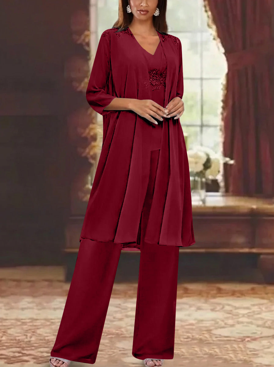 Chiffon V Neck 3 4 Sleeves Appliques Mother Of The Bride Pantsuits With Jacket Ankle Length