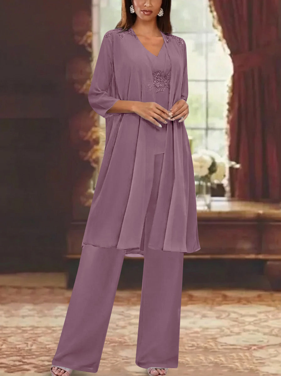 Chiffon V Neck 3 4 Sleeves Appliques Mother Of The Bride Pantsuits With Jacket Ankle Length