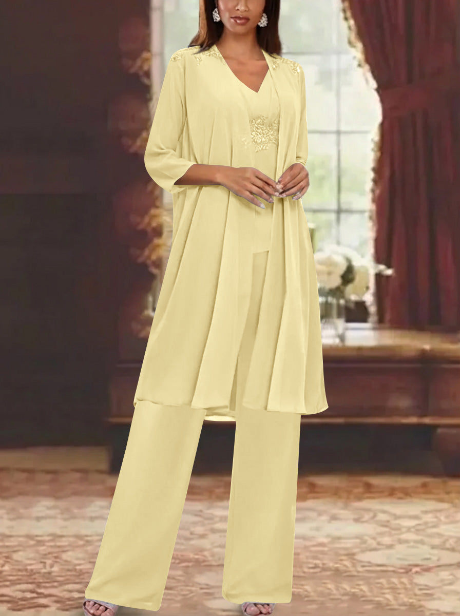 Chiffon V Neck 3 4 Sleeves Appliques Mother Of The Bride Pantsuits With Jacket Ankle Length