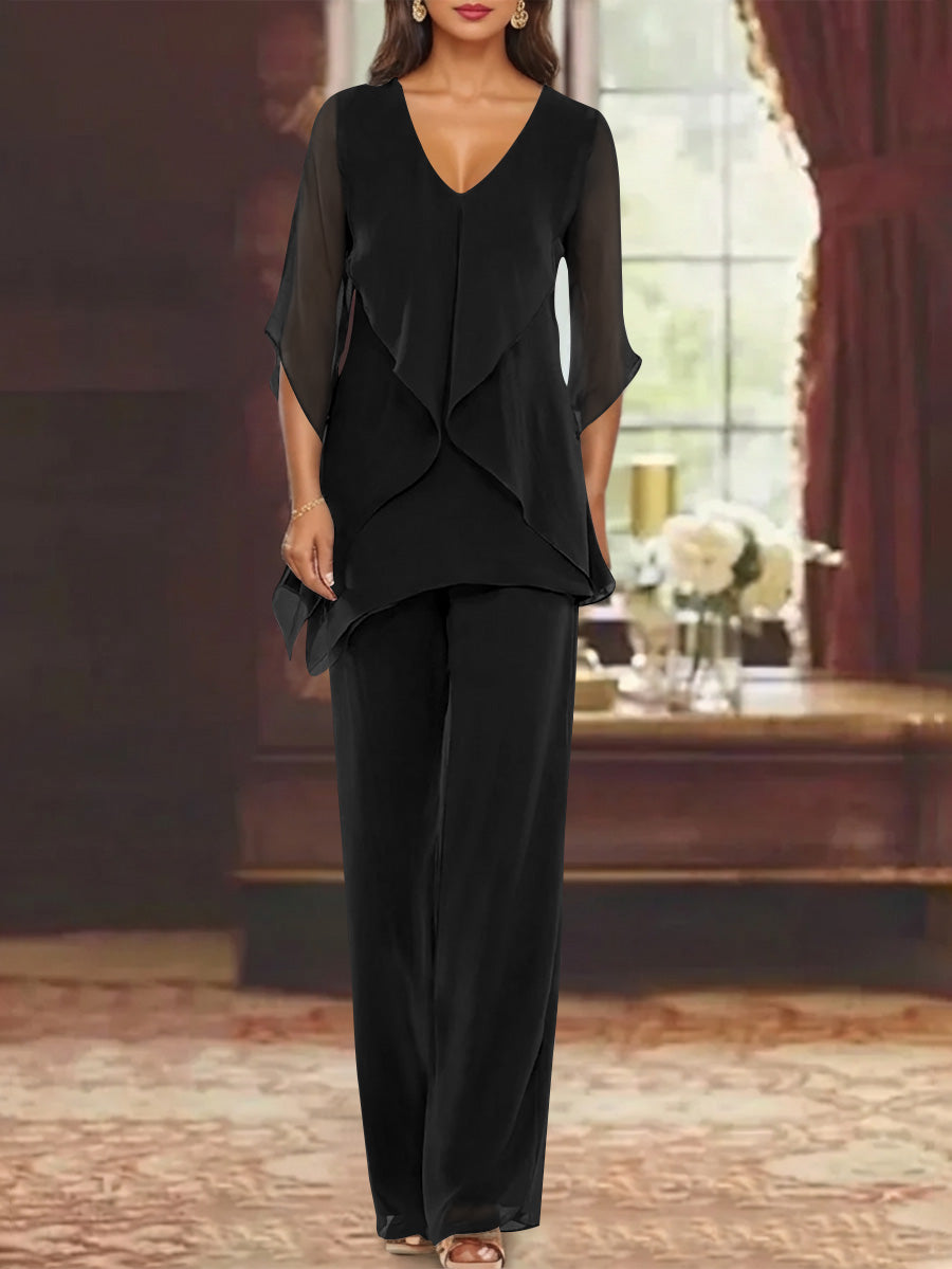 Chiffon V Neck Half Sleeves Mother Of The Bride Pantsuits With Ruffles Ankle Length