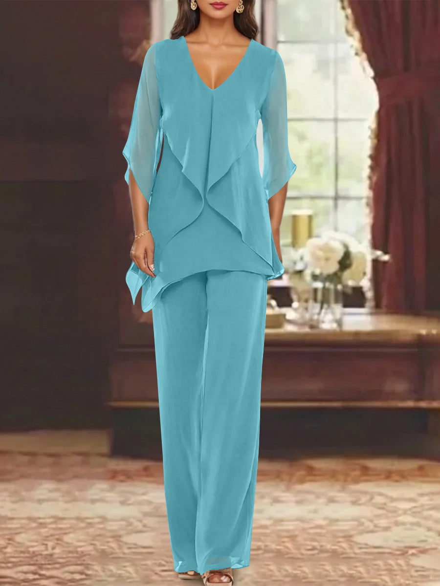 Chiffon V Neck Half Sleeves Mother Of The Bride Pantsuits With Ruffles Ankle Length