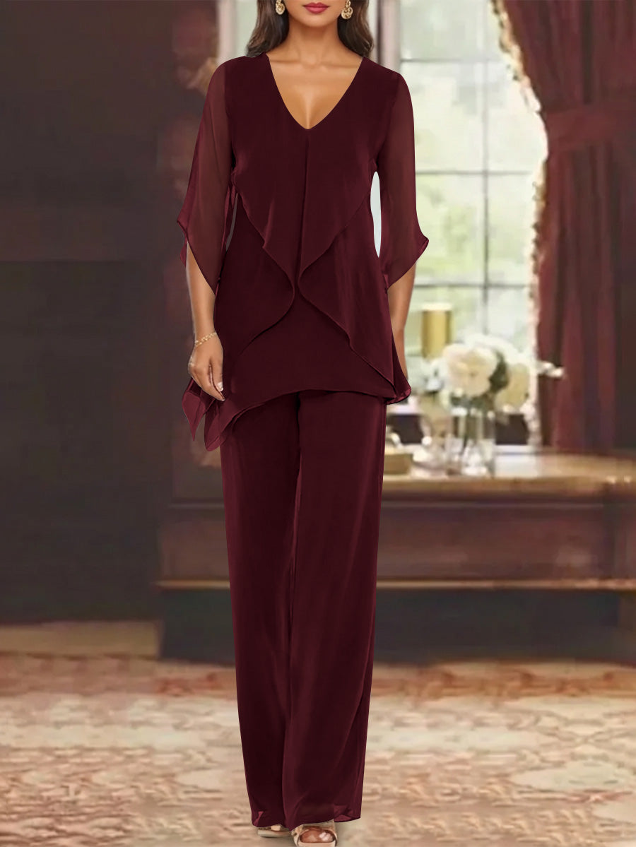 Chiffon V Neck Half Sleeves Mother Of The Bride Pantsuits With Ruffles Ankle Length