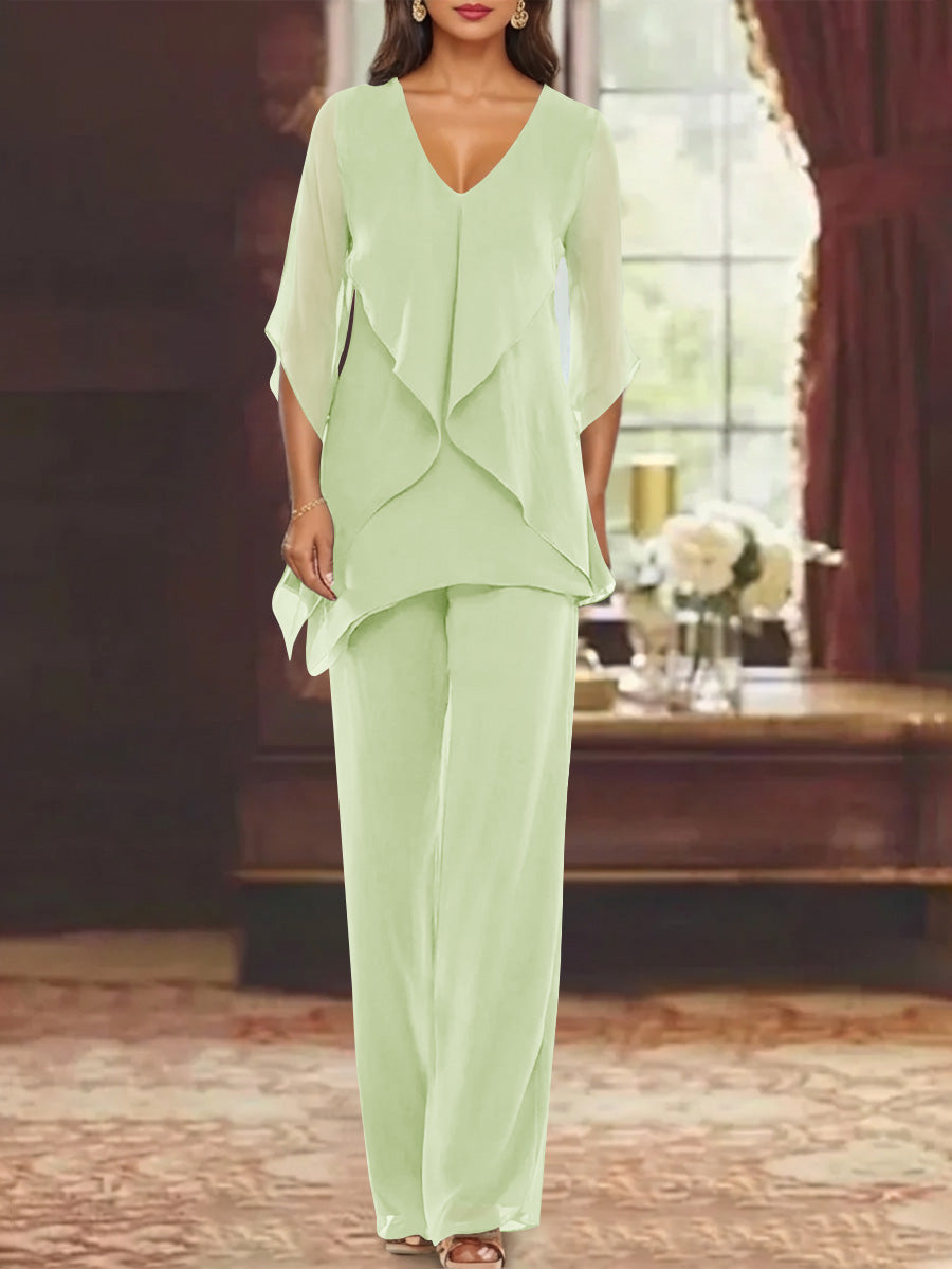 Chiffon V Neck Half Sleeves Mother Of The Bride Pantsuits With Ruffles Ankle Length