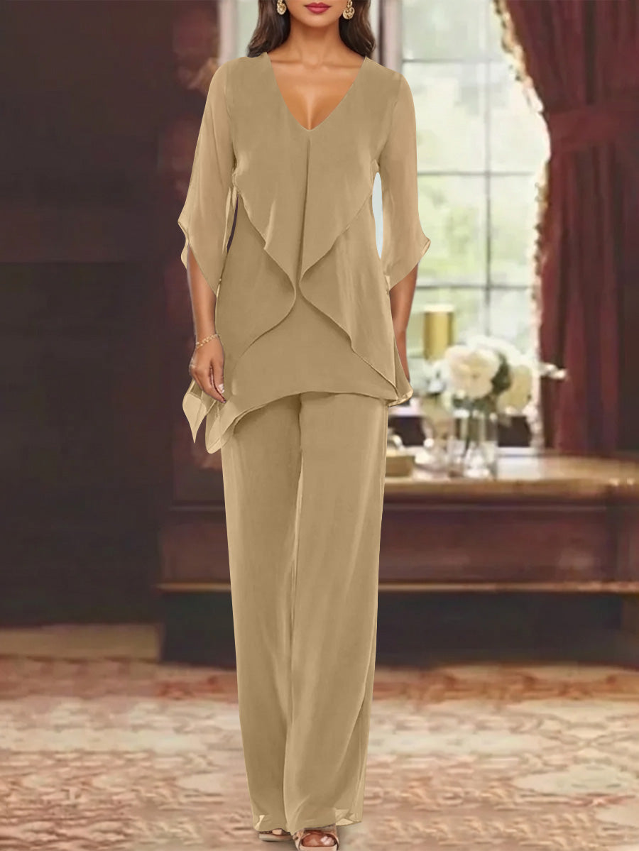 Chiffon V Neck Half Sleeves Mother Of The Bride Pantsuits With Ruffles Ankle Length