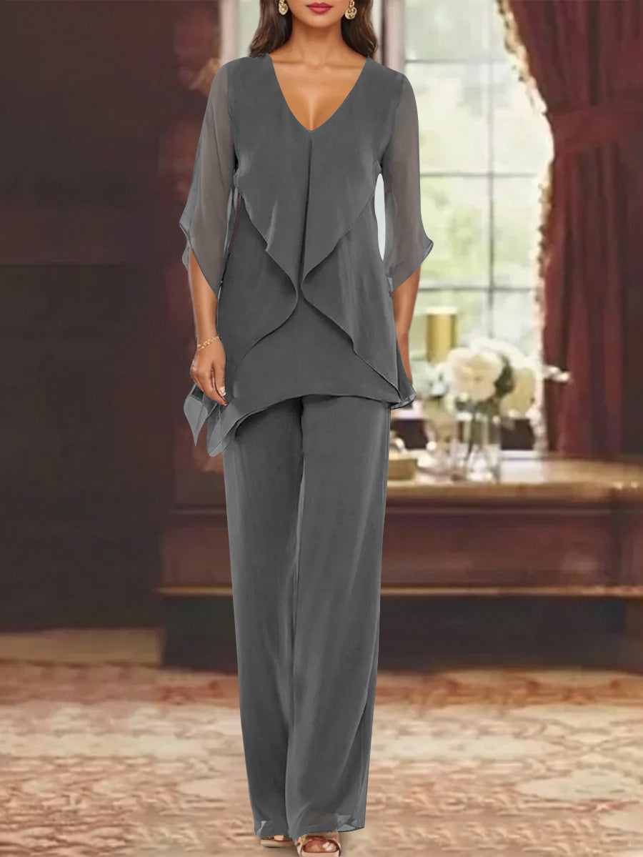 Chiffon V Neck Half Sleeves Mother Of The Bride Pantsuits With Ruffles Ankle Length