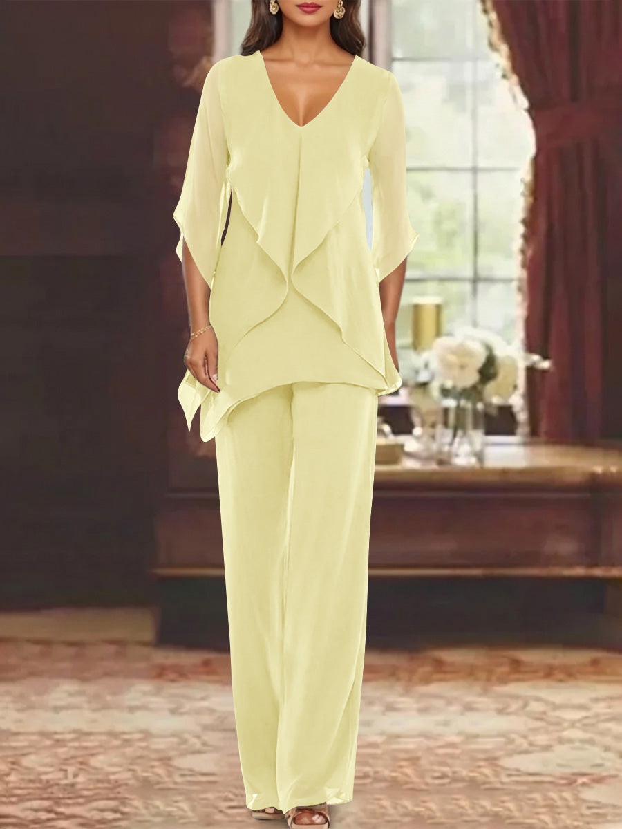 Chiffon V Neck Half Sleeves Mother Of The Bride Pantsuits With Ruffles Ankle Length