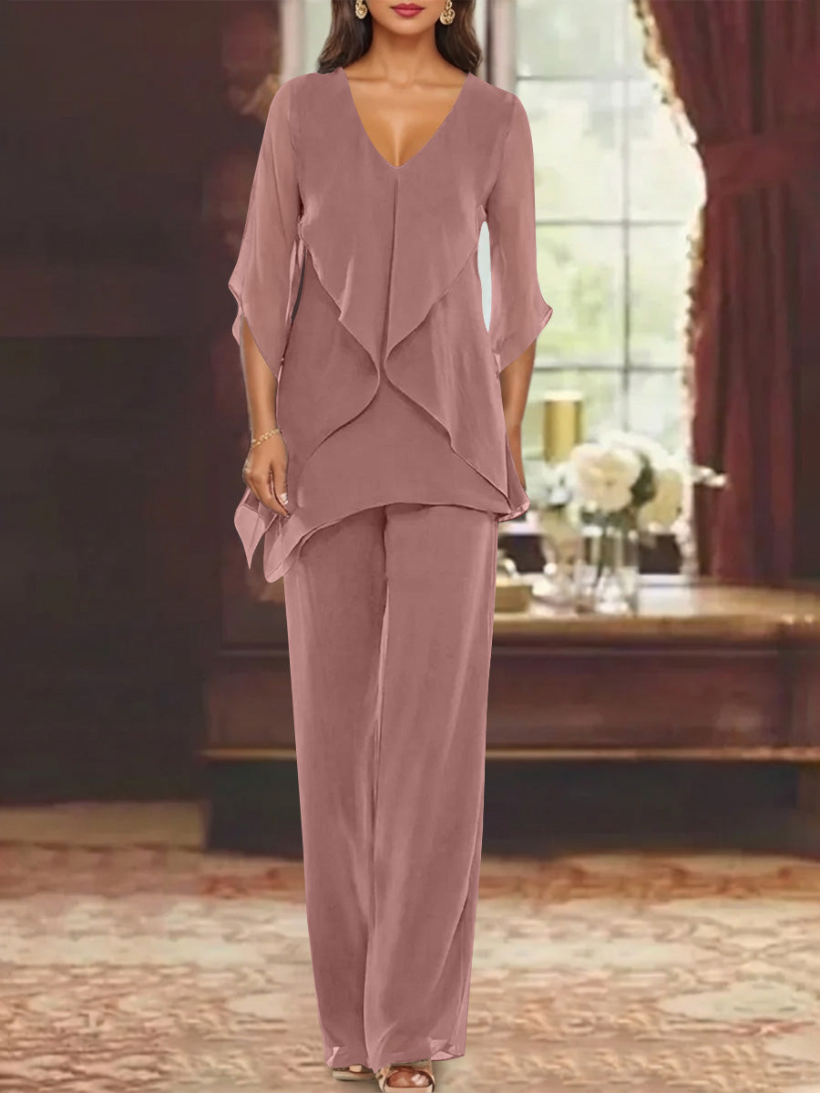 Chiffon V Neck Half Sleeves Mother Of The Bride Pantsuits With Ruffles Ankle Length
