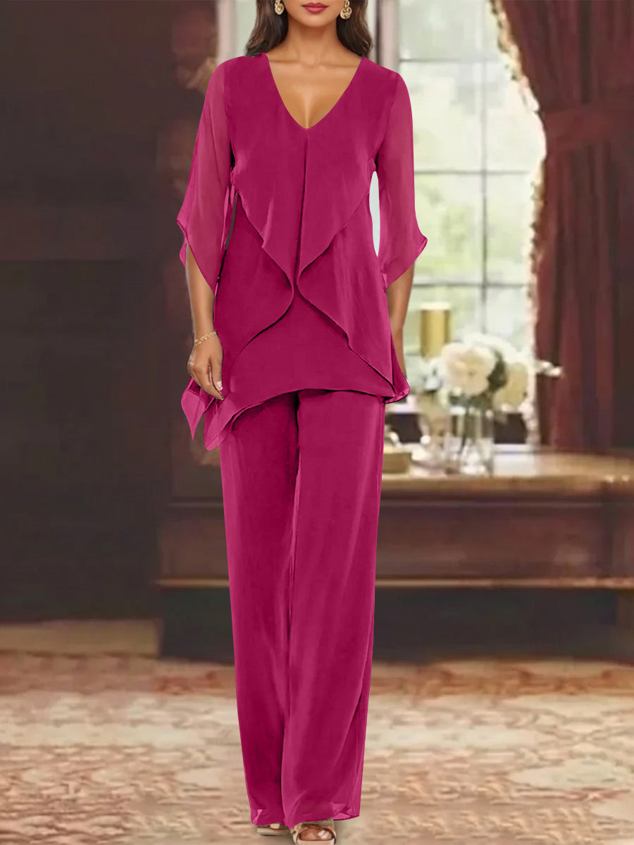 Chiffon V Neck Half Sleeves Mother Of The Bride Pantsuits With Ruffles Ankle Length