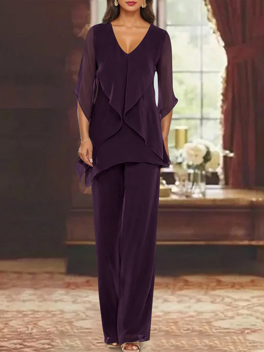 Chiffon V Neck Half Sleeves Mother Of The Bride Pantsuits With Ruffles Ankle Length