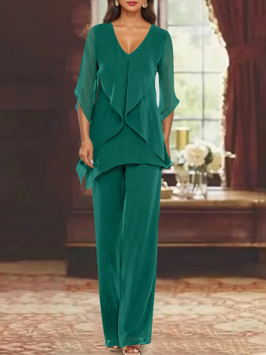 Chiffon V Neck Half Sleeves Mother Of The Bride Pantsuits With Ruffles Ankle Length
