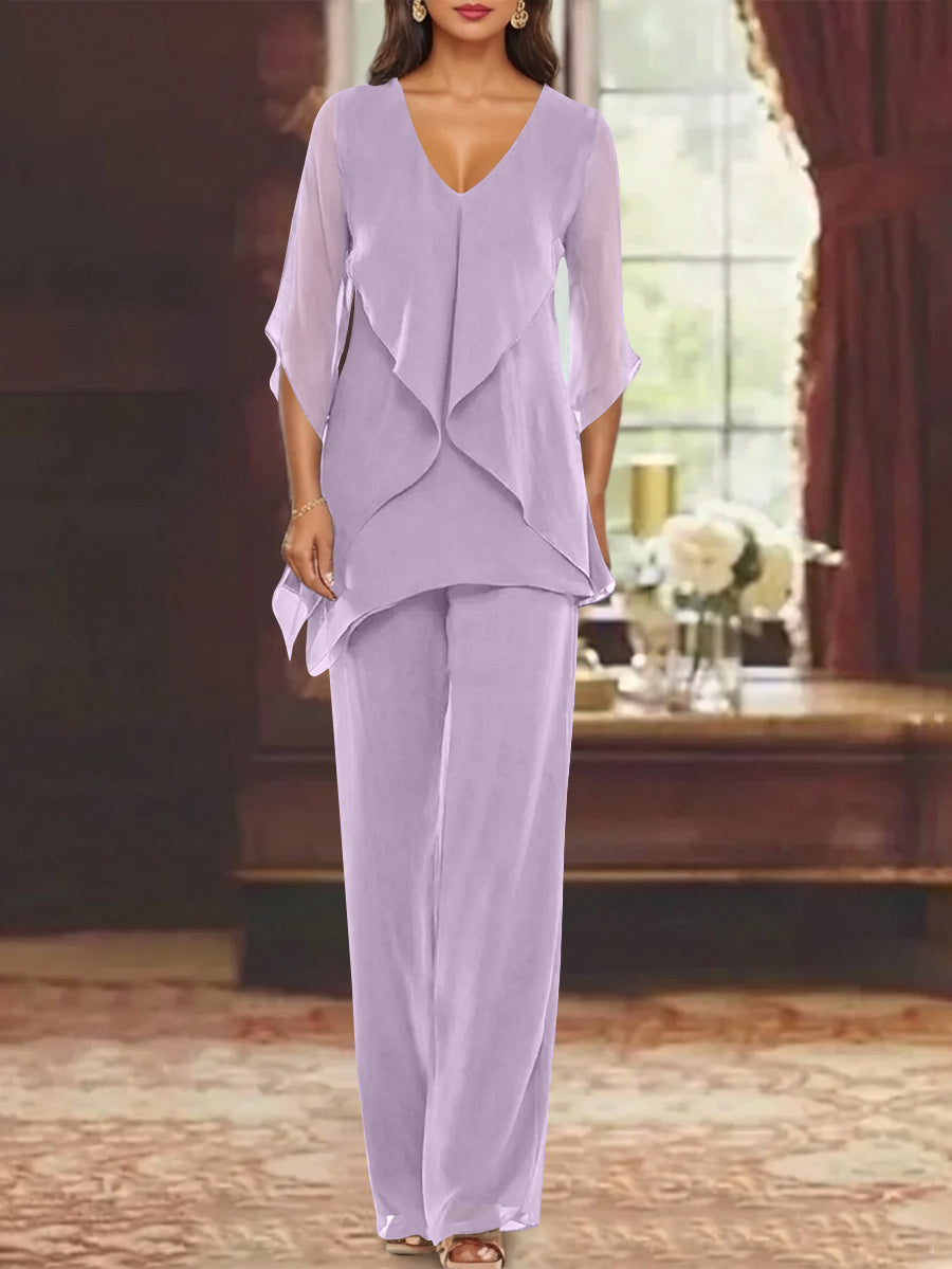 Chiffon V Neck Half Sleeves Mother Of The Bride Pantsuits With Ruffles Ankle Length