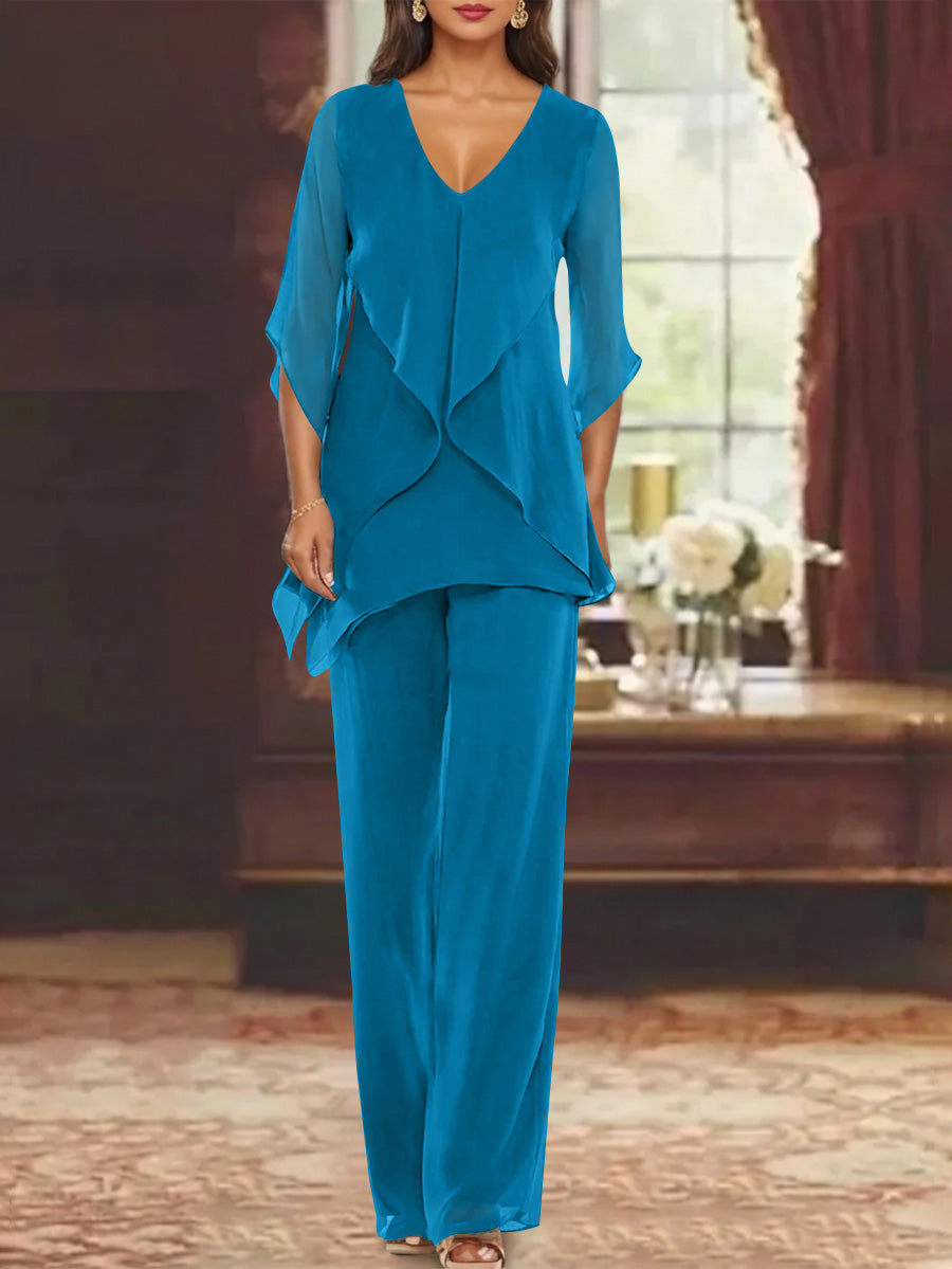 Chiffon V Neck Half Sleeves Mother Of The Bride Pantsuits With Ruffles Ankle Length