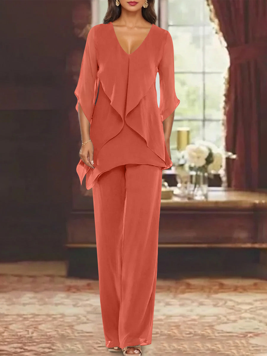 Chiffon V Neck Half Sleeves Mother Of The Bride Pantsuits With Ruffles Ankle Length