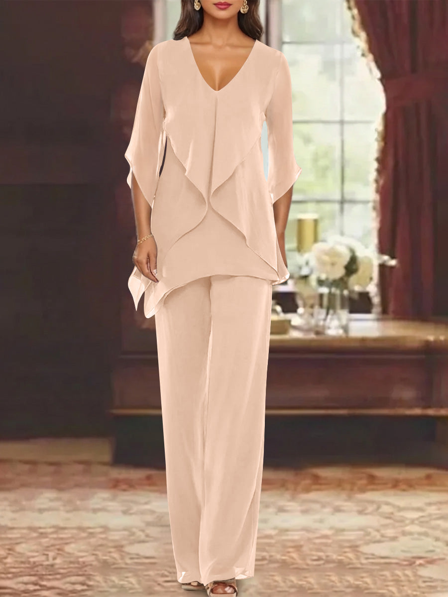 Chiffon V Neck Half Sleeves Mother Of The Bride Pantsuits With Ruffles Ankle Length