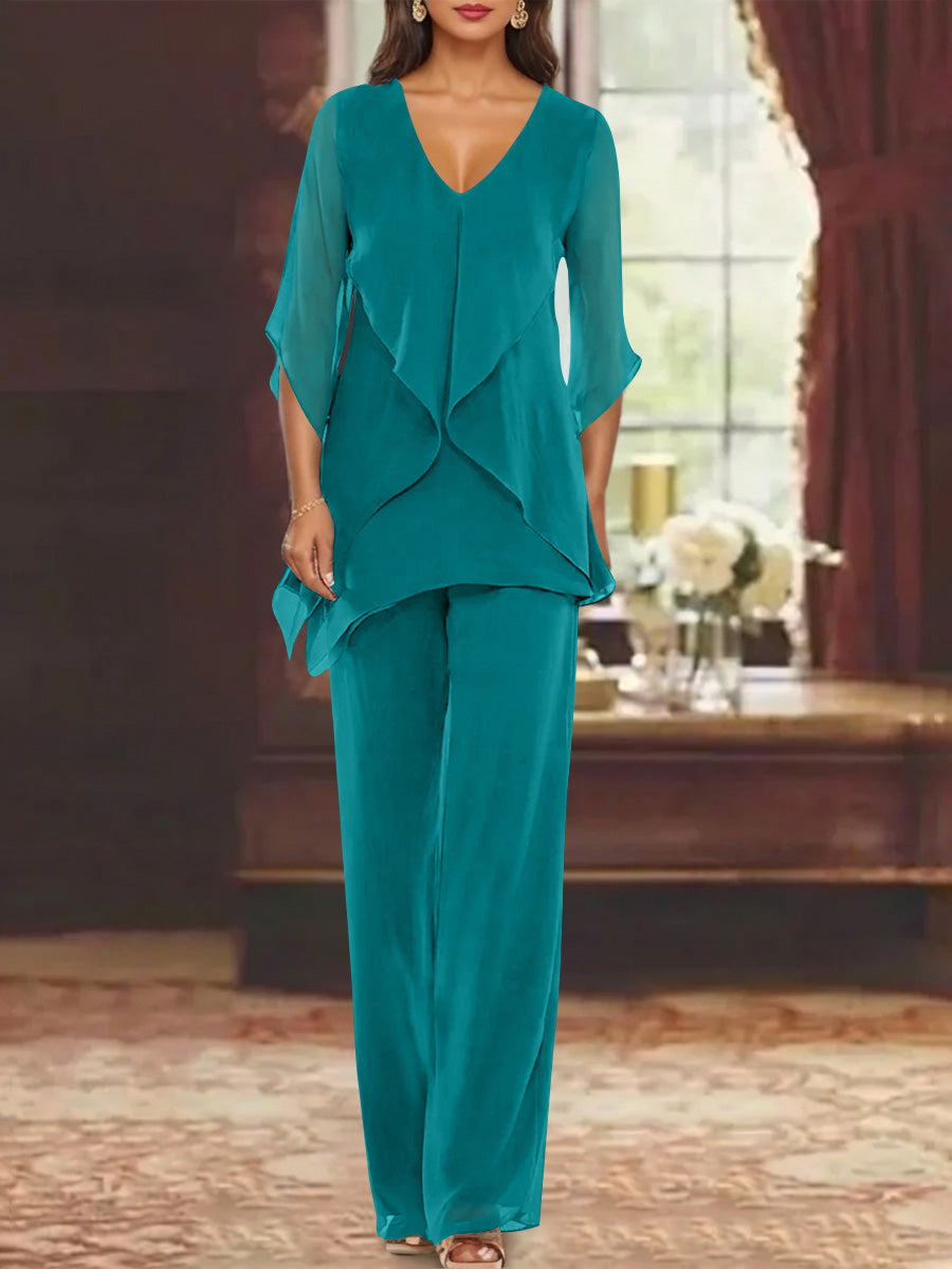 Chiffon V Neck Half Sleeves Mother Of The Bride Pantsuits With Ruffles Ankle Length