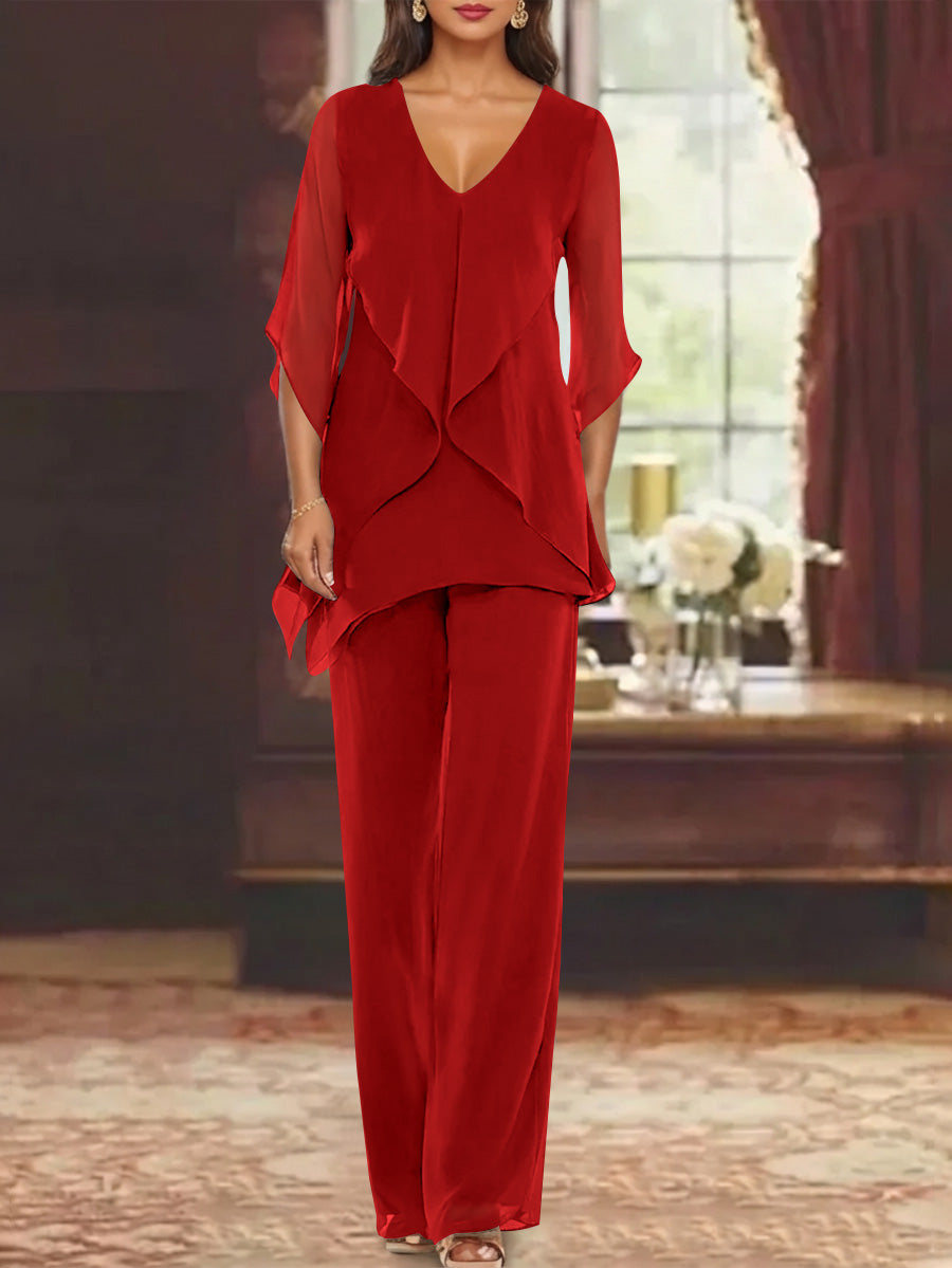 Chiffon V Neck Half Sleeves Mother Of The Bride Pantsuits With Ruffles Ankle Length