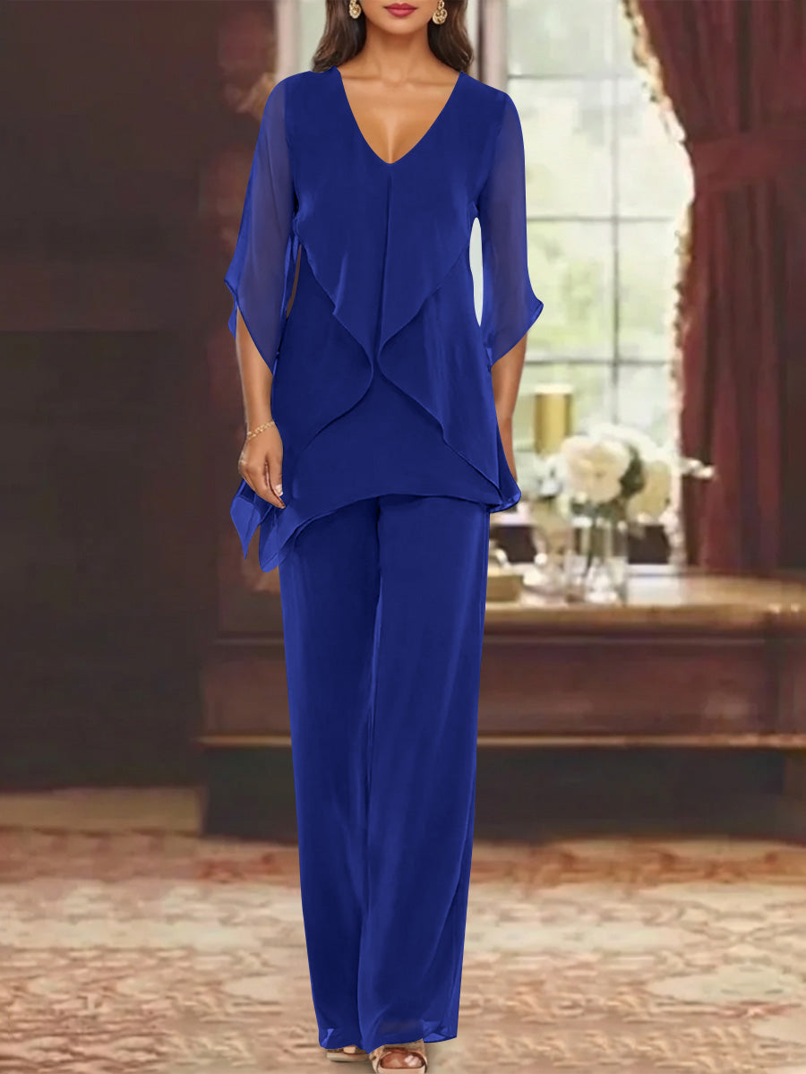 Chiffon V Neck Half Sleeves Mother Of The Bride Pantsuits With Ruffles Ankle Length