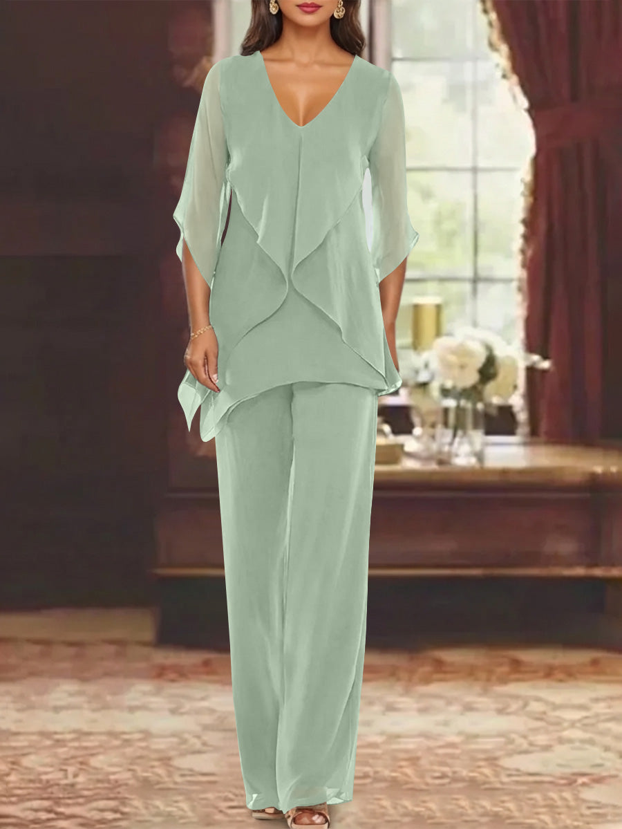 Chiffon V Neck Half Sleeves Mother Of The Bride Pantsuits With Ruffles Ankle Length