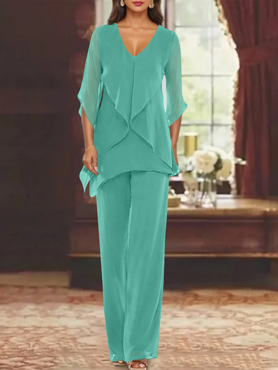 Chiffon V Neck Half Sleeves Mother Of The Bride Pantsuits With Ruffles Ankle Length