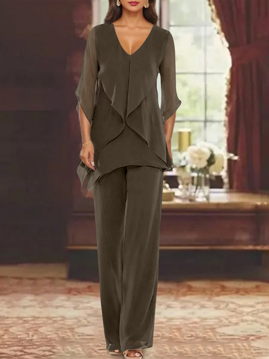 Chiffon V Neck Half Sleeves Mother Of The Bride Pantsuits With Ruffles Ankle Length