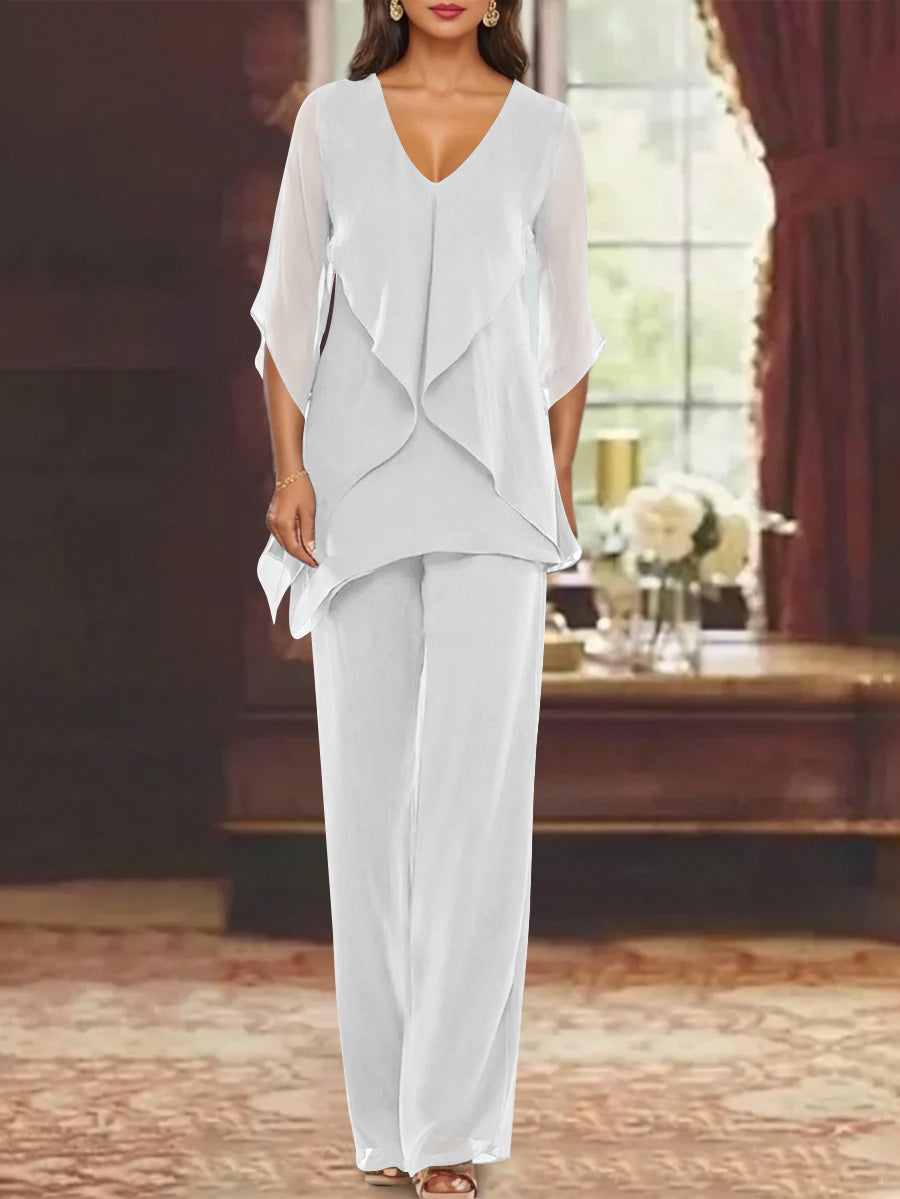 Chiffon V Neck Half Sleeves Mother Of The Bride Pantsuits With Ruffles Ankle Length