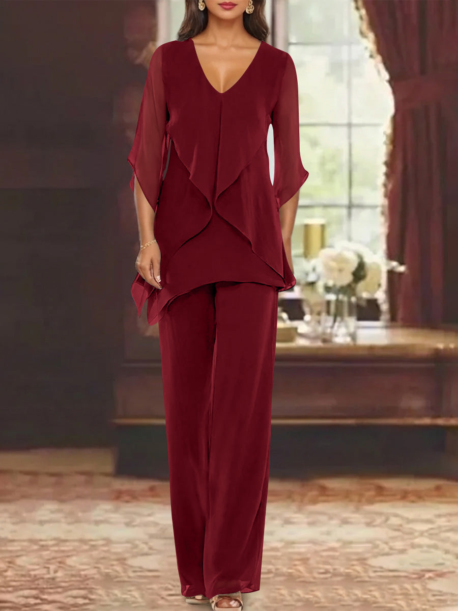 Chiffon V Neck Half Sleeves Mother Of The Bride Pantsuits With Ruffles Ankle Length