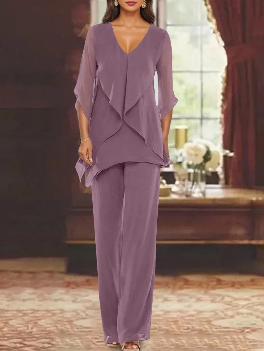 Chiffon V Neck Half Sleeves Mother Of The Bride Pantsuits With Ruffles Ankle Length