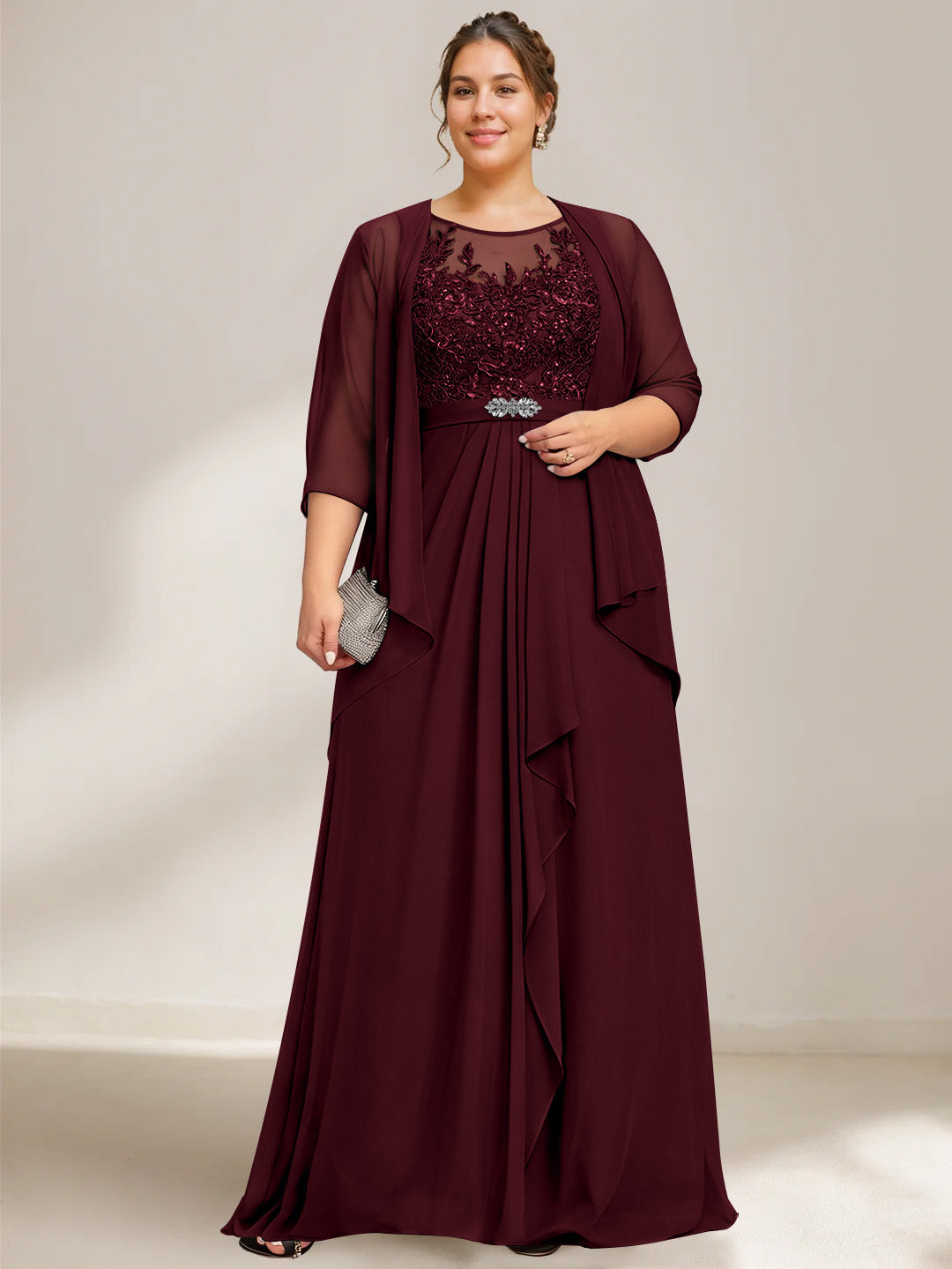 A Line Princess Scoop Plus Size Mother Of The Bride Dresses Chiffon Lace With Wrap Jacket