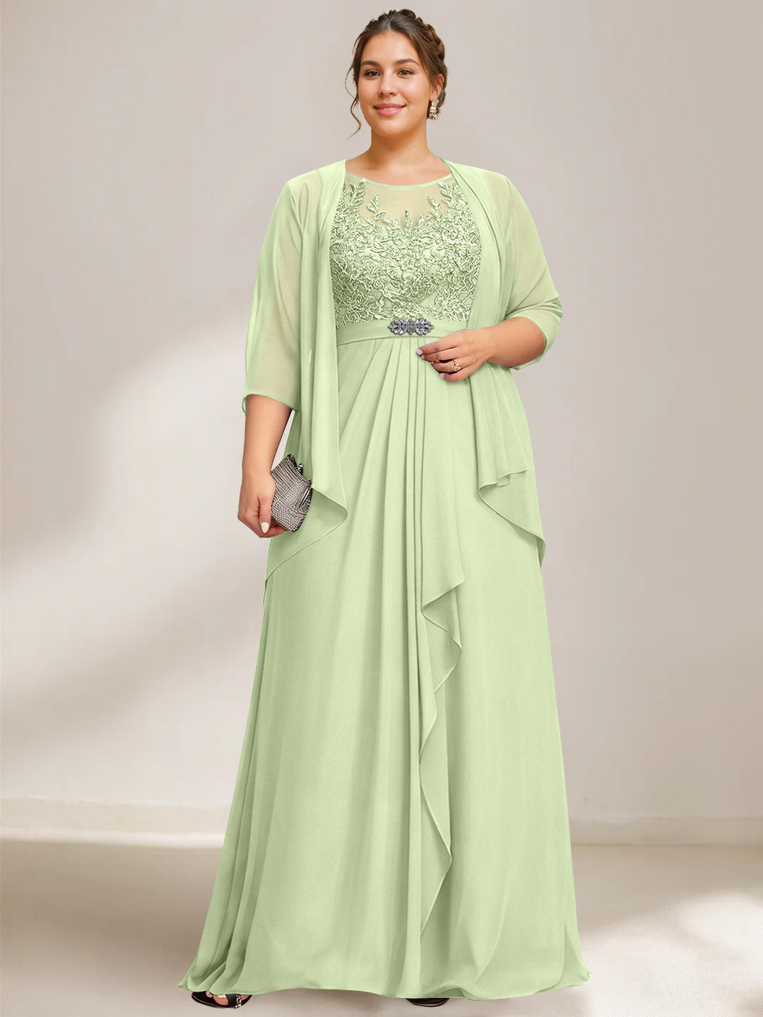 A Line Princess Scoop Plus Size Mother Of The Bride Dresses Chiffon Lace With Wrap Jacket