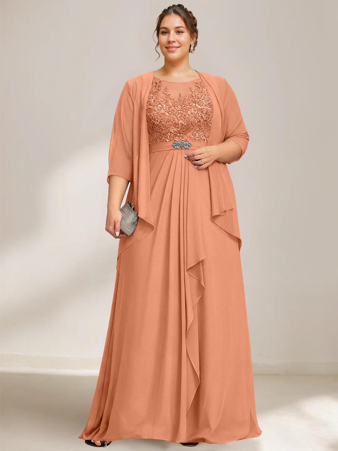 A Line Princess Scoop Plus Size Mother Of The Bride Dresses Chiffon Lace With Wrap Jacket