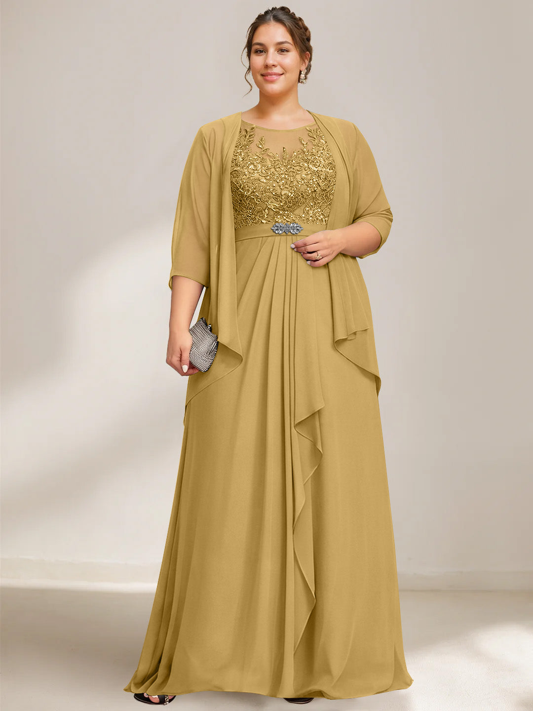 A Line Princess Scoop Plus Size Mother Of The Bride Dresses Chiffon Lace With Wrap Jacket