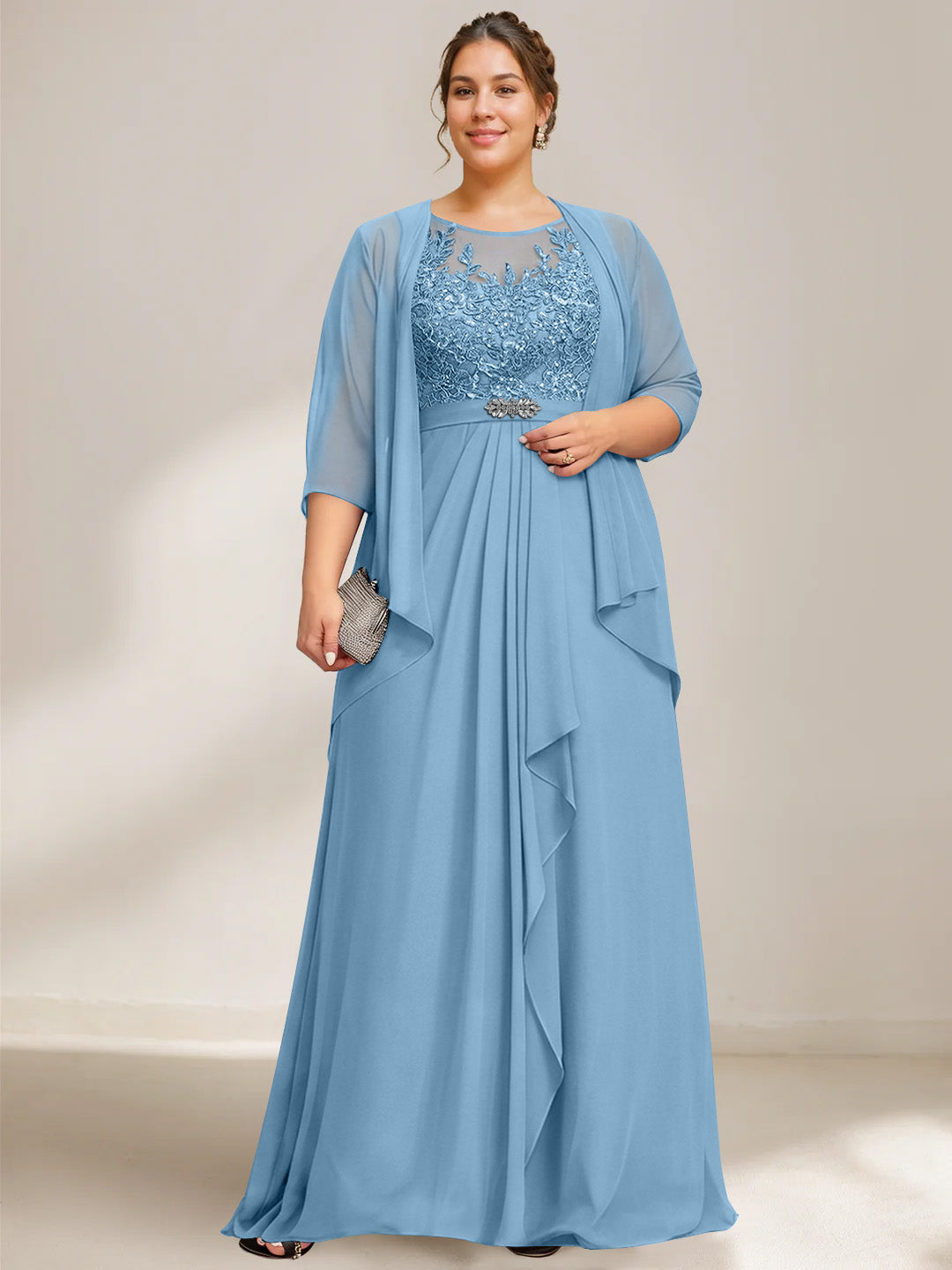 A Line Princess Scoop Plus Size Mother Of The Bride Dresses Chiffon Lace With Wrap Jacket