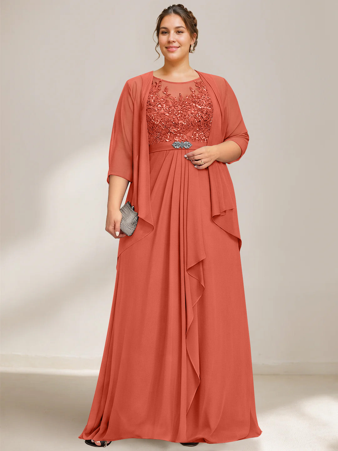 A Line Princess Scoop Plus Size Mother Of The Bride Dresses Chiffon Lace With Wrap Jacket