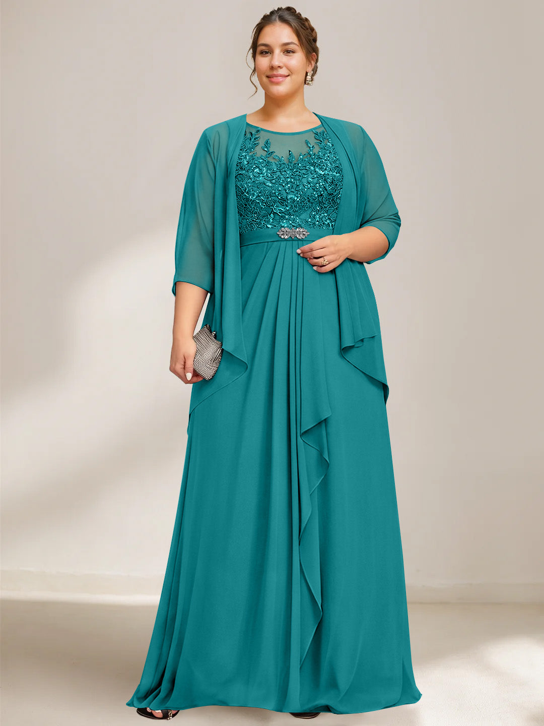 A Line Princess Scoop Plus Size Mother Of The Bride Dresses Chiffon Lace With Wrap Jacket