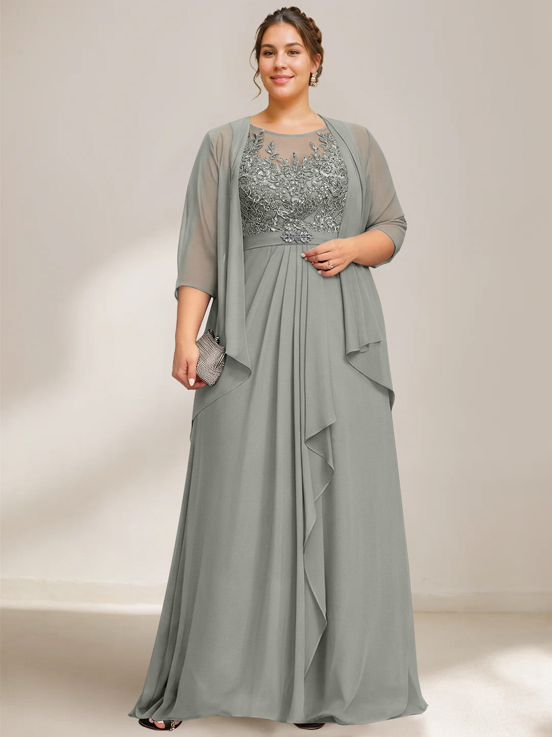 A Line Princess Scoop Plus Size Mother Of The Bride Dresses Chiffon Lace With Wrap Jacket