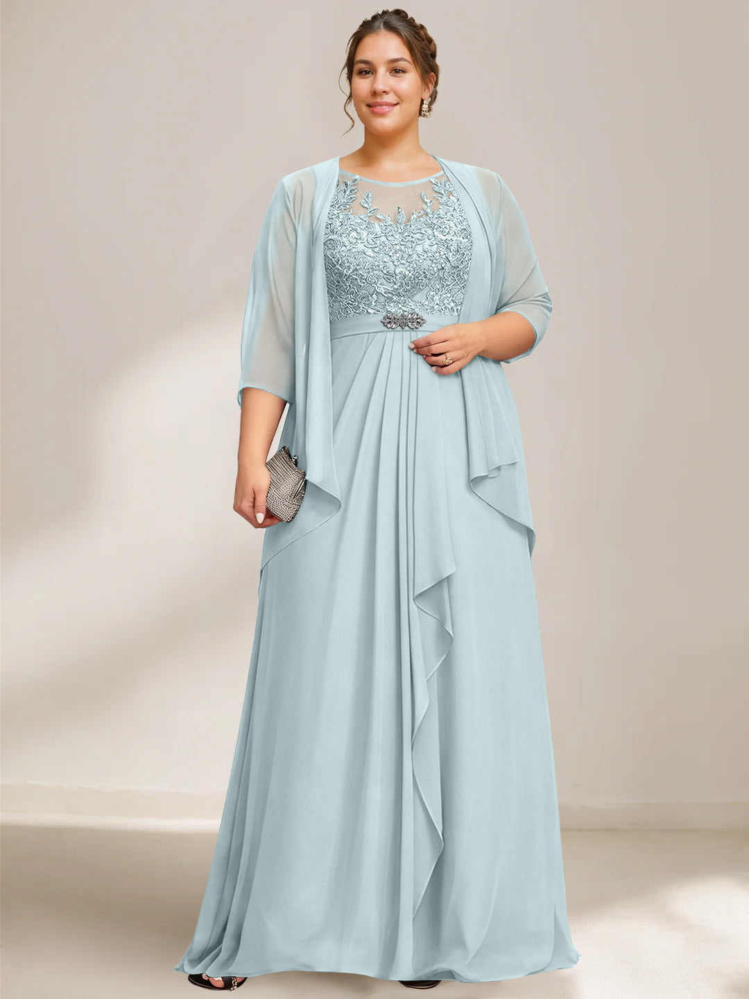 A Line Princess Scoop Plus Size Mother Of The Bride Dresses Chiffon Lace With Wrap Jacket