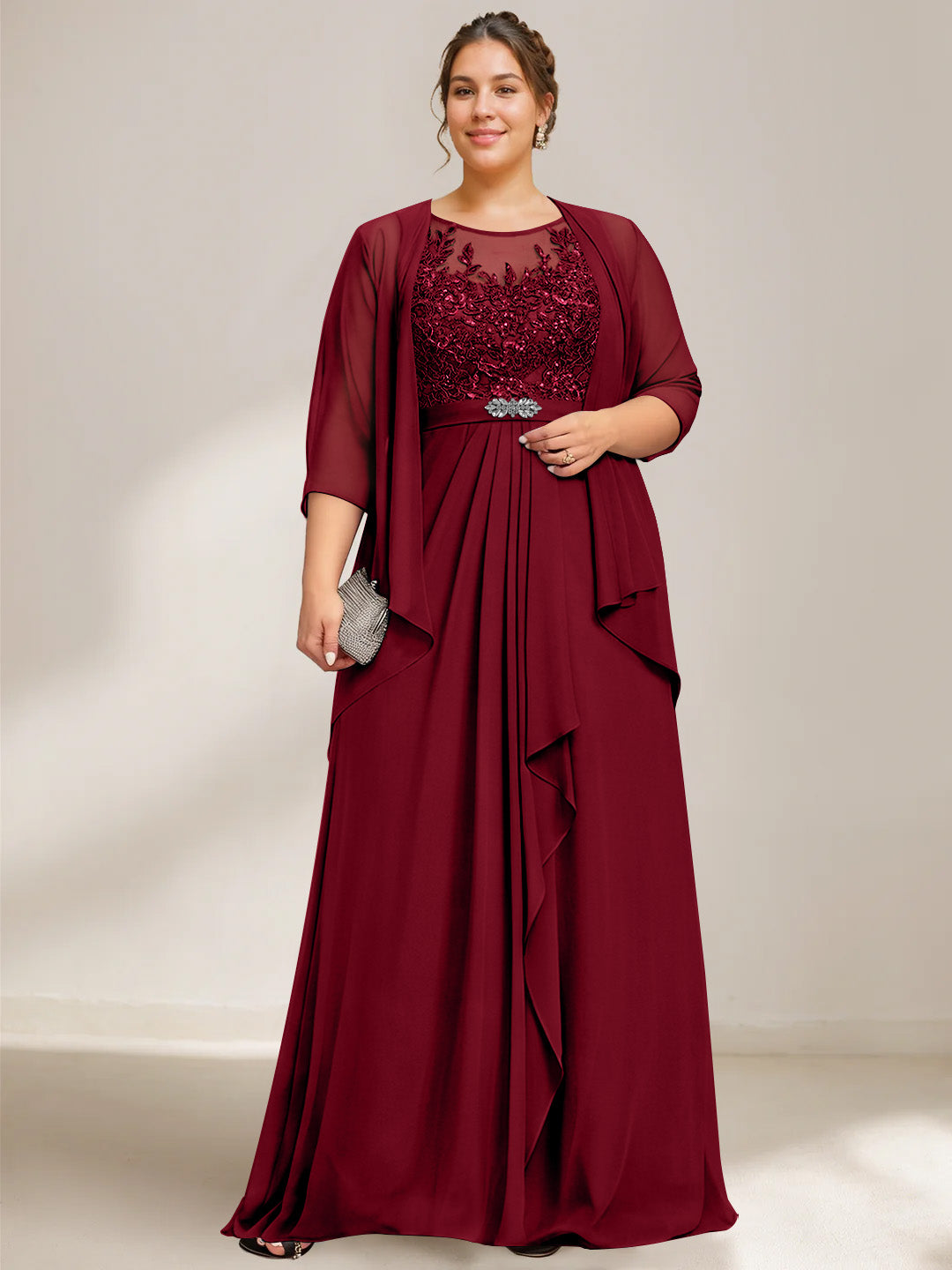 A Line Princess Scoop Plus Size Mother Of The Bride Dresses Chiffon Lace With Wrap Jacket