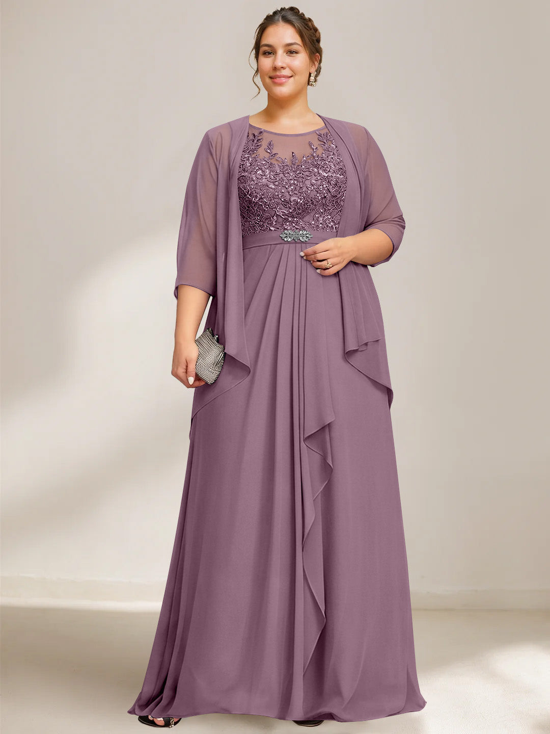 A Line Princess Scoop Plus Size Mother Of The Bride Dresses Chiffon Lace With Wrap Jacket