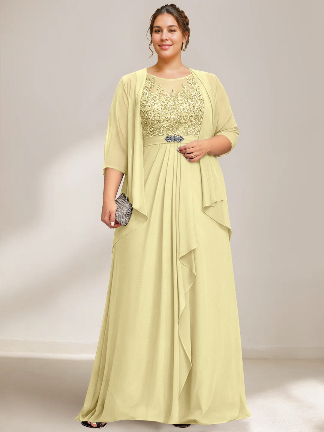A Line Princess Scoop Plus Size Mother Of The Bride Dresses Chiffon Lace With Wrap Jacket