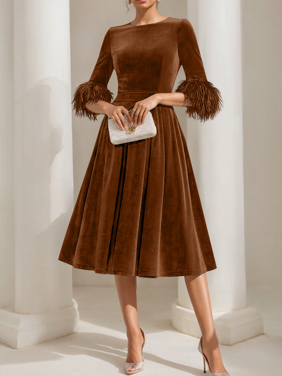 A Line Princess Scoop Velvet Mother Of The Bride Dresses Half Sleeves Feather Trimmed