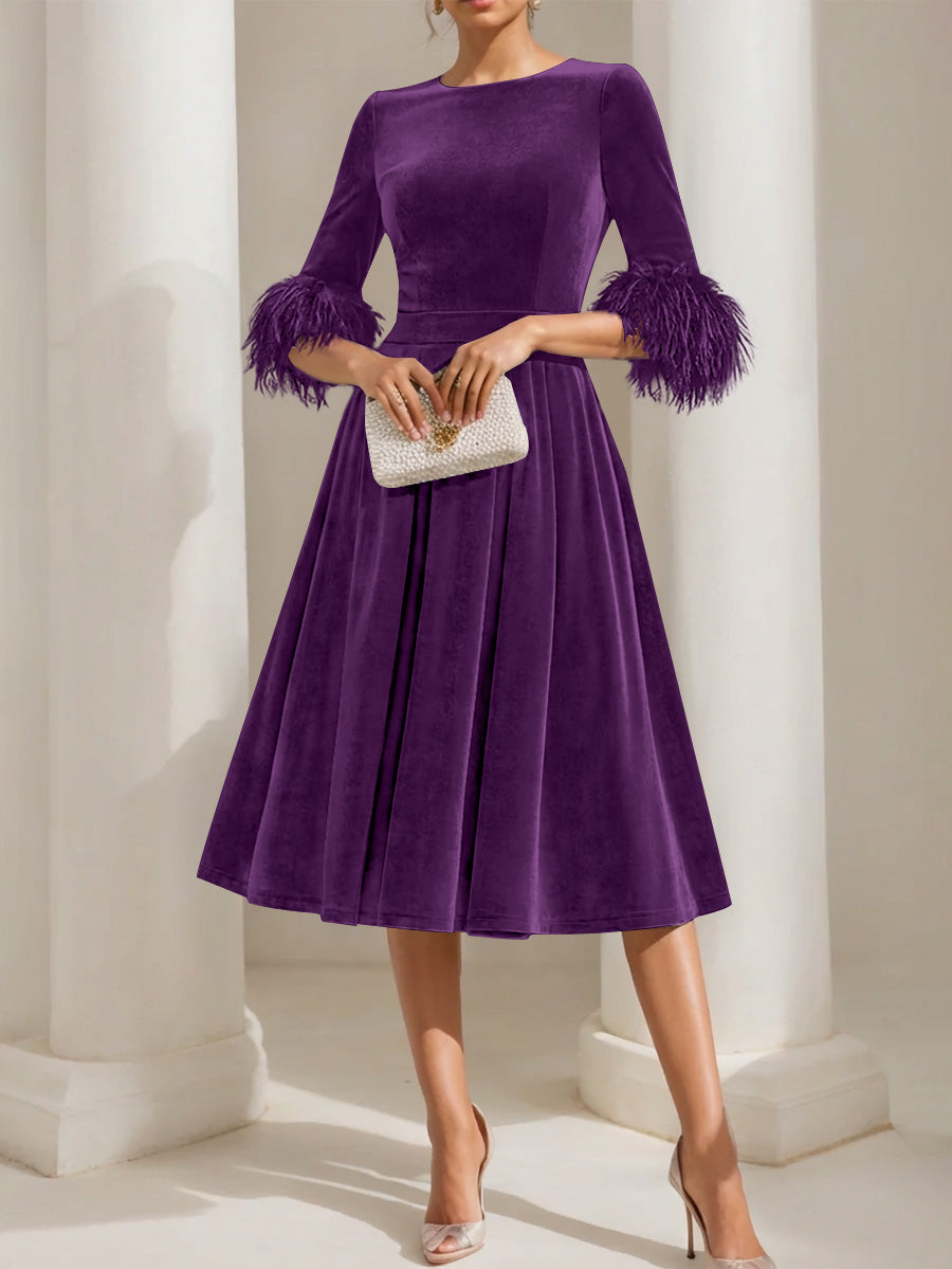 A Line Princess Scoop Velvet Mother Of The Bride Dresses Half Sleeves Feather Trimmed