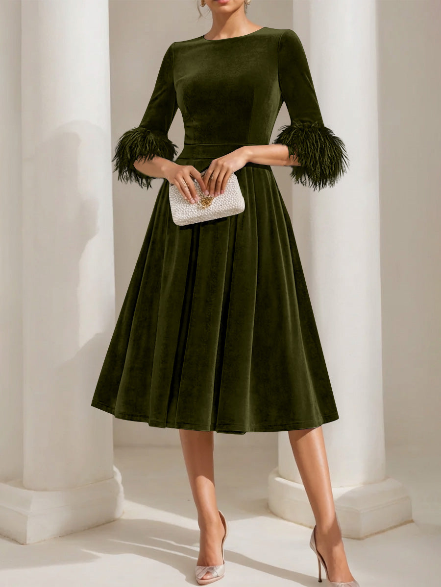 A Line Princess Scoop Velvet Mother Of The Bride Dresses Half Sleeves Feather Trimmed