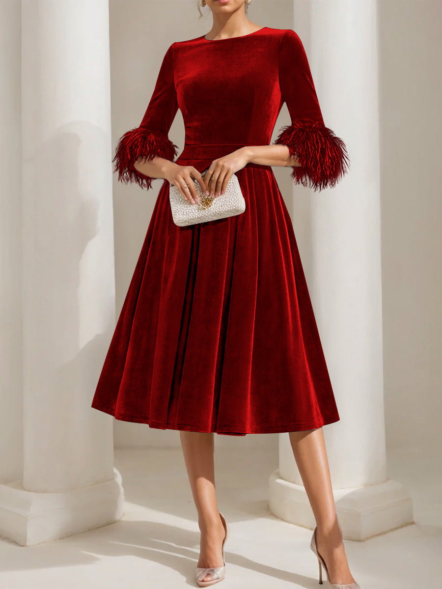 A Line Princess Scoop Velvet Mother Of The Bride Dresses Half Sleeves Feather Trimmed
