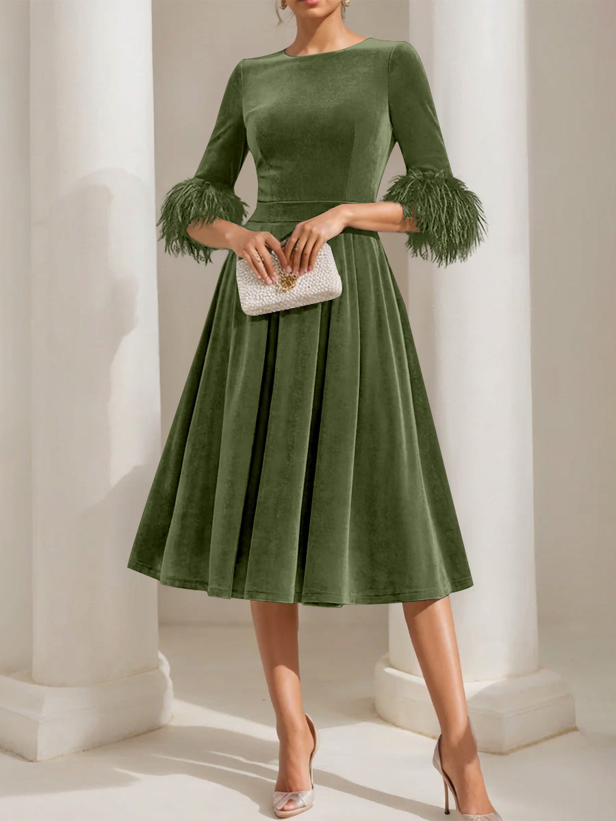 A Line Princess Scoop Velvet Mother Of The Bride Dresses Half Sleeves Feather Trimmed