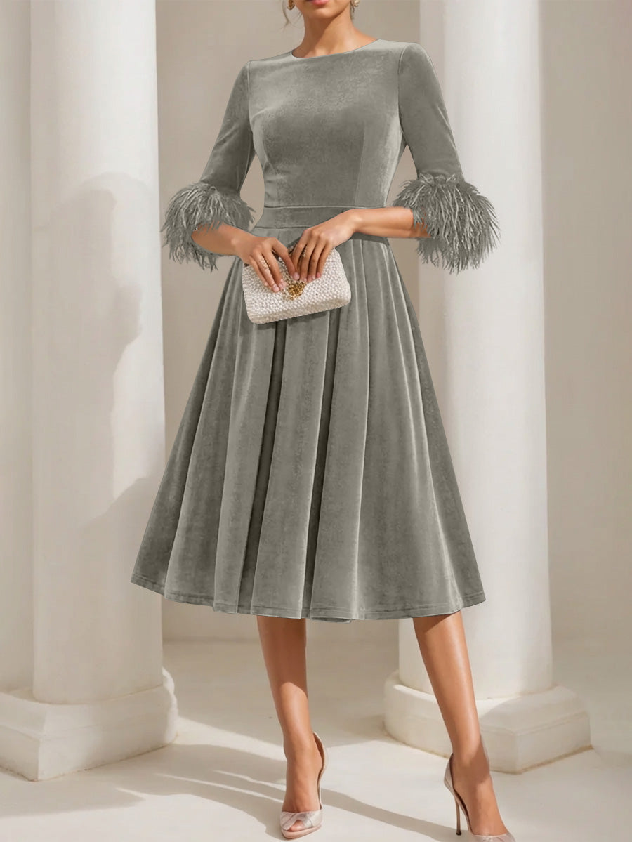 A Line Princess Scoop Velvet Mother Of The Bride Dresses Half Sleeves Feather Trimmed
