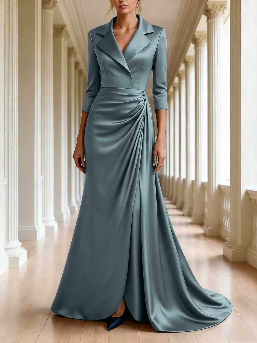 Trumpet Mermaid 3 4 Sleeves V Neck Mother Of The Bride Dresses Floor Length