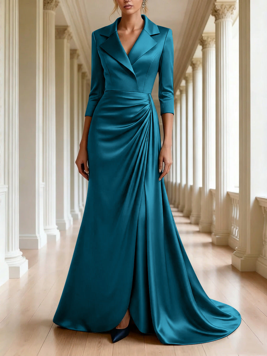 Trumpet Mermaid 3 4 Sleeves V Neck Mother Of The Bride Dresses Floor Length