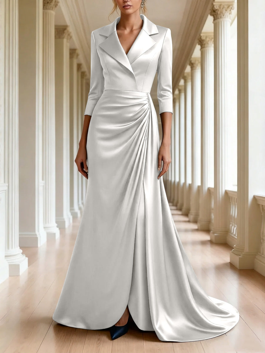 Trumpet Mermaid 3 4 Sleeves V Neck Mother Of The Bride Dresses Floor Length