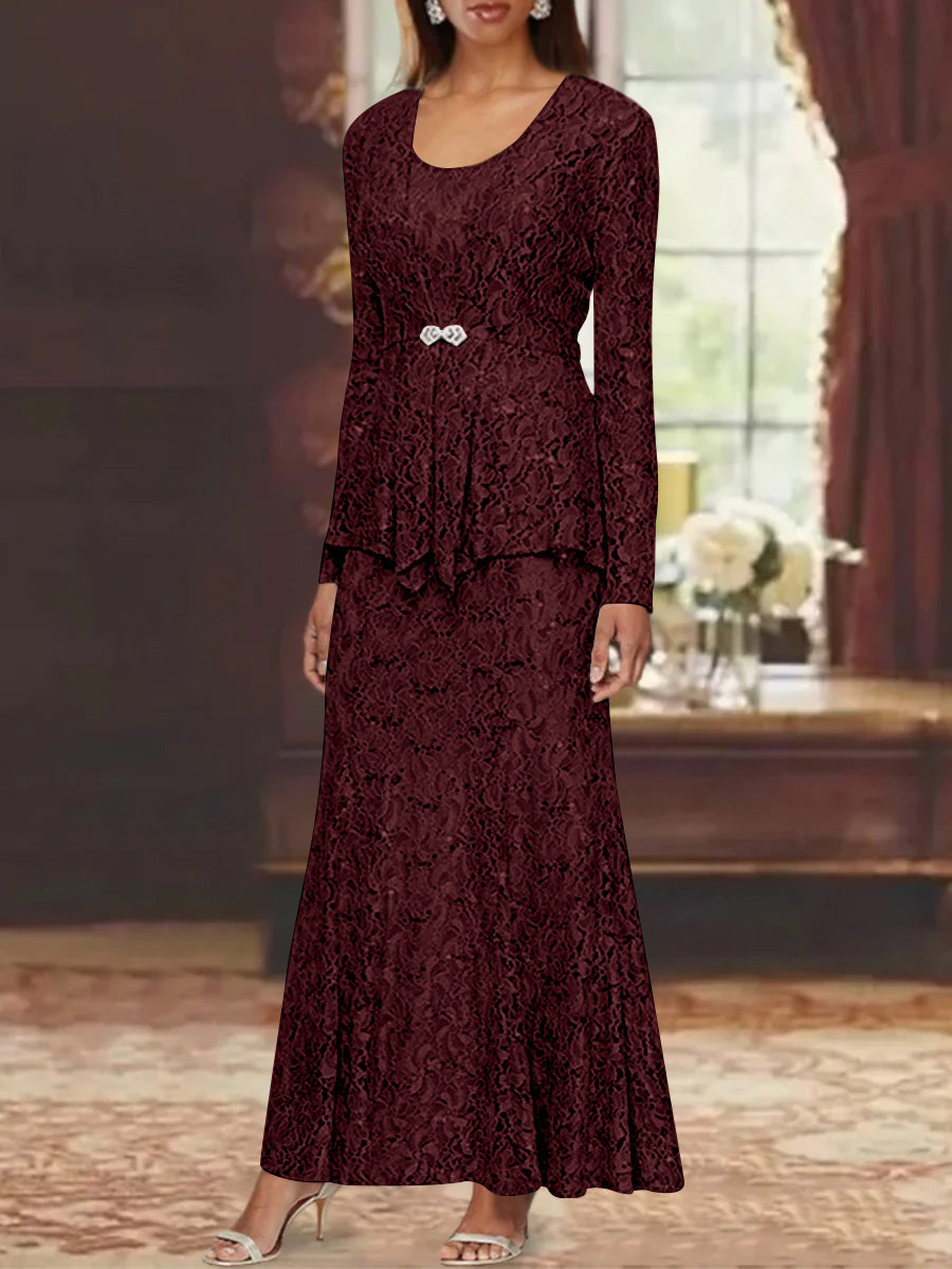 A Line Princess 2 Pieces Scoop Lace Mother Of The Bride Dresses With Jacket Long Sleeves Ankle Length